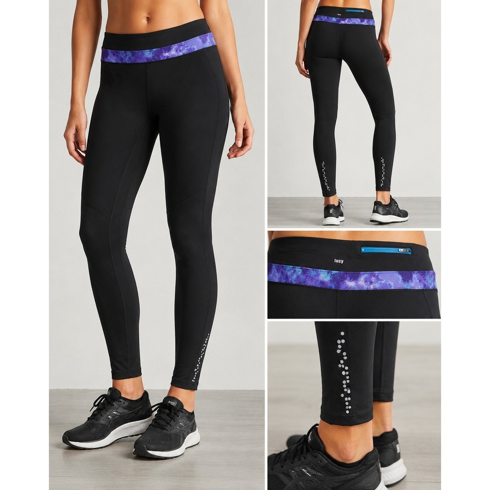 Lucy Leggings Black Galaxy Print Waistband Reflective Athletic Tights Size L